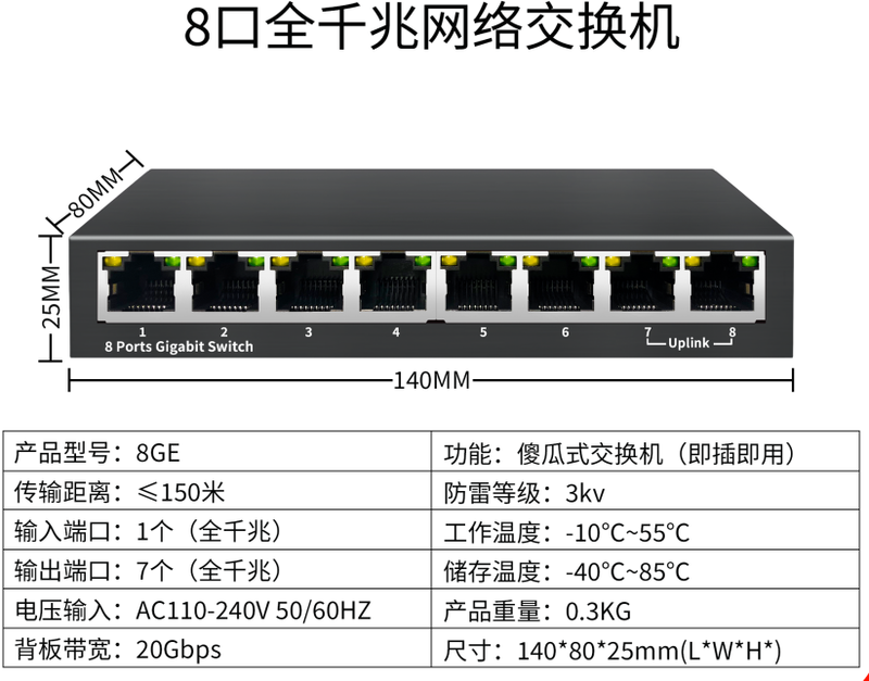 8Ports Gigabit Ethernet Switch Metal